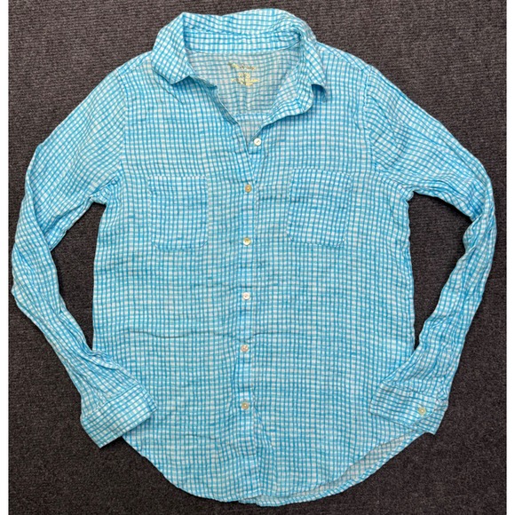 Lilly Pulitzer Tops - Lilly Pulitzer Sea View Linen Button Down Top Womens XXS Gingham Plaid Blue
